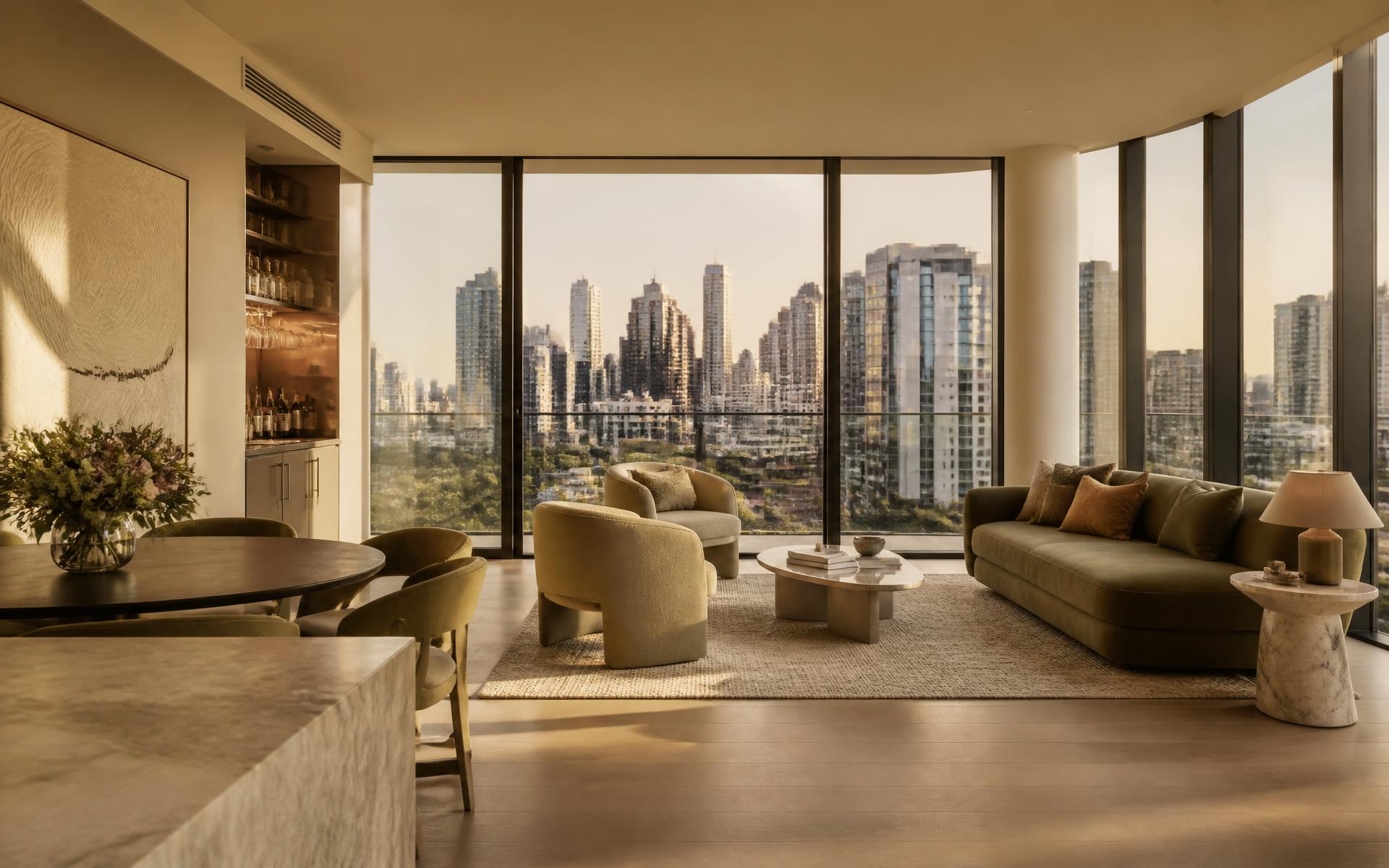 Premium Melbourne apartment interior with warm neutral furnishings and city outlook